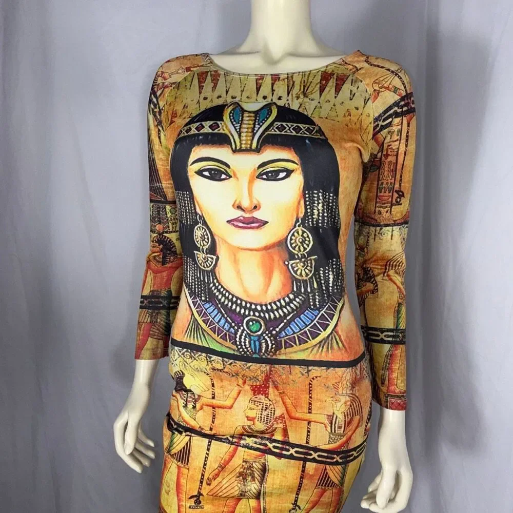 Cleopatra Egyptian Goddess Bodycon Dress | Good Time USA | Vintage Print Long Sl